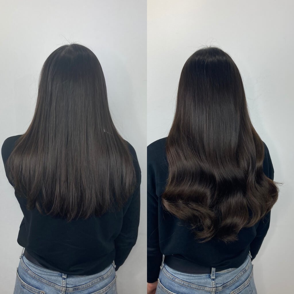 black wavy hair extensions before and after