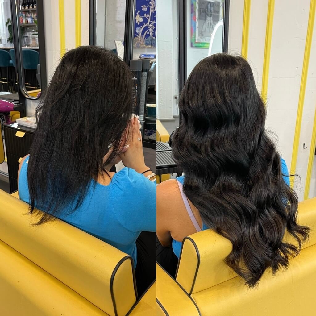 wavy black hair extensions before and after