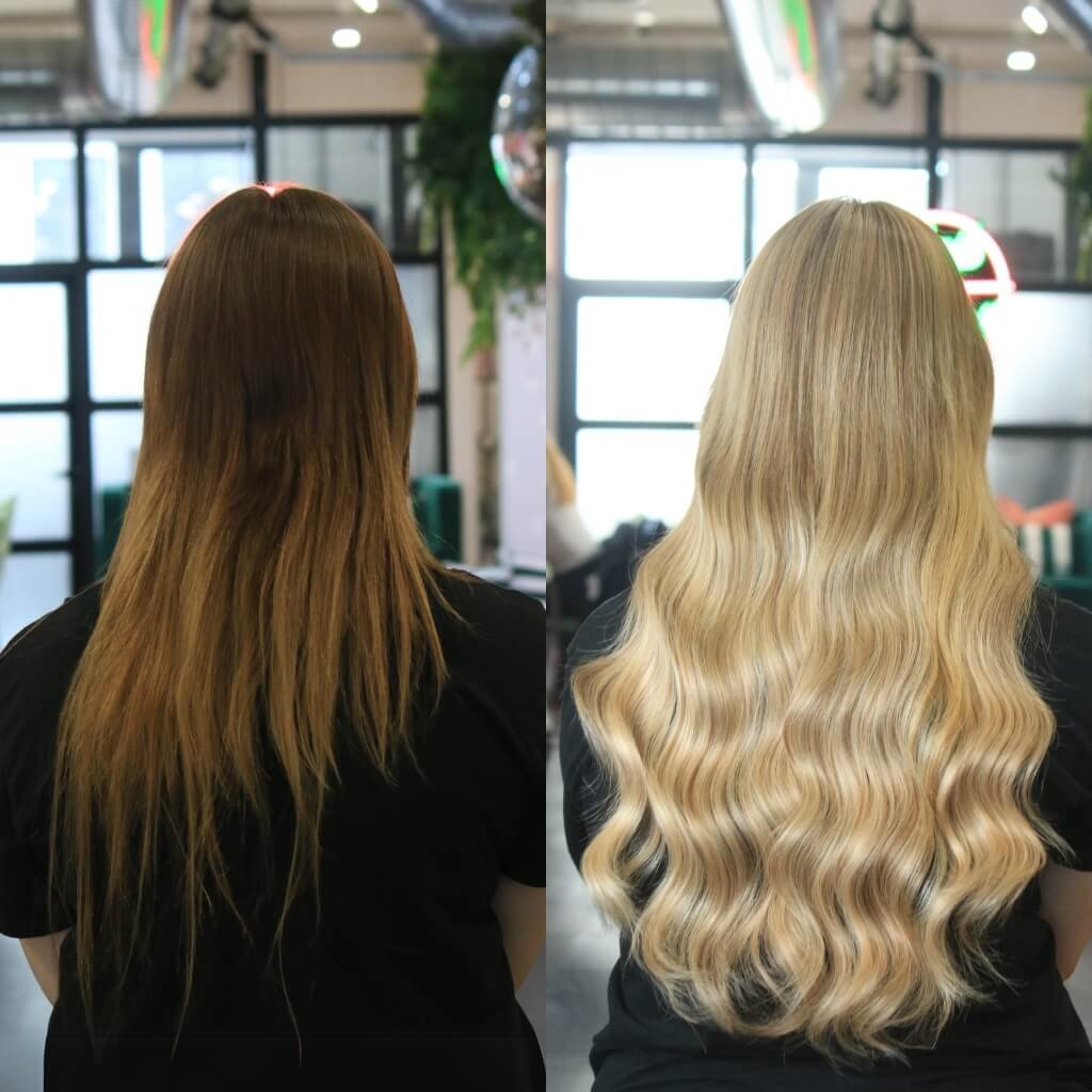wavy light blond hair extensions before and after