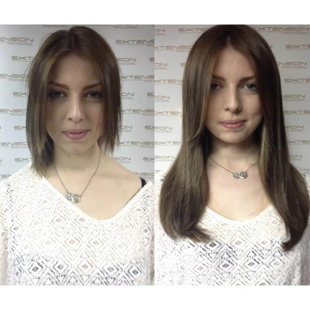 ash brown hair extension before and after