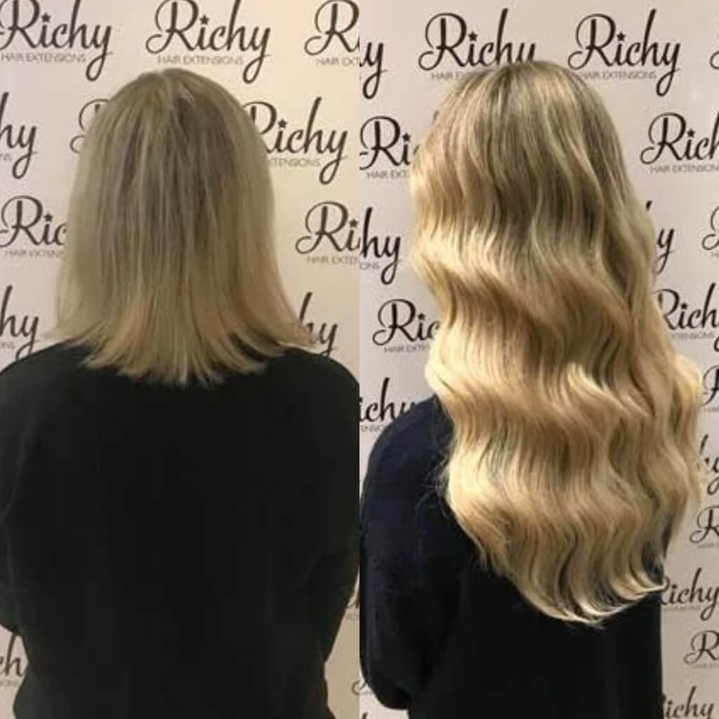 light blond wavy hair extensions before and after