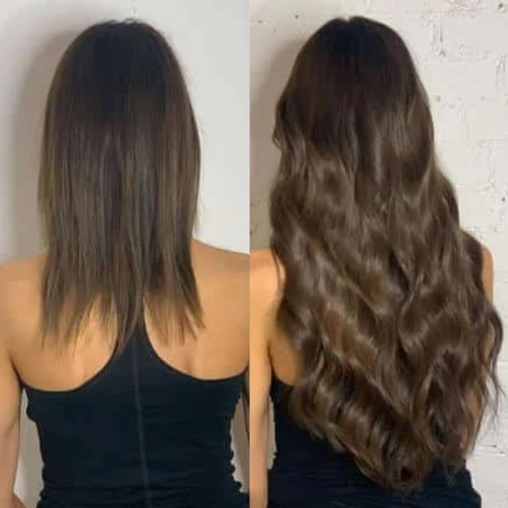 wavy espresso brown hair extensions before and after