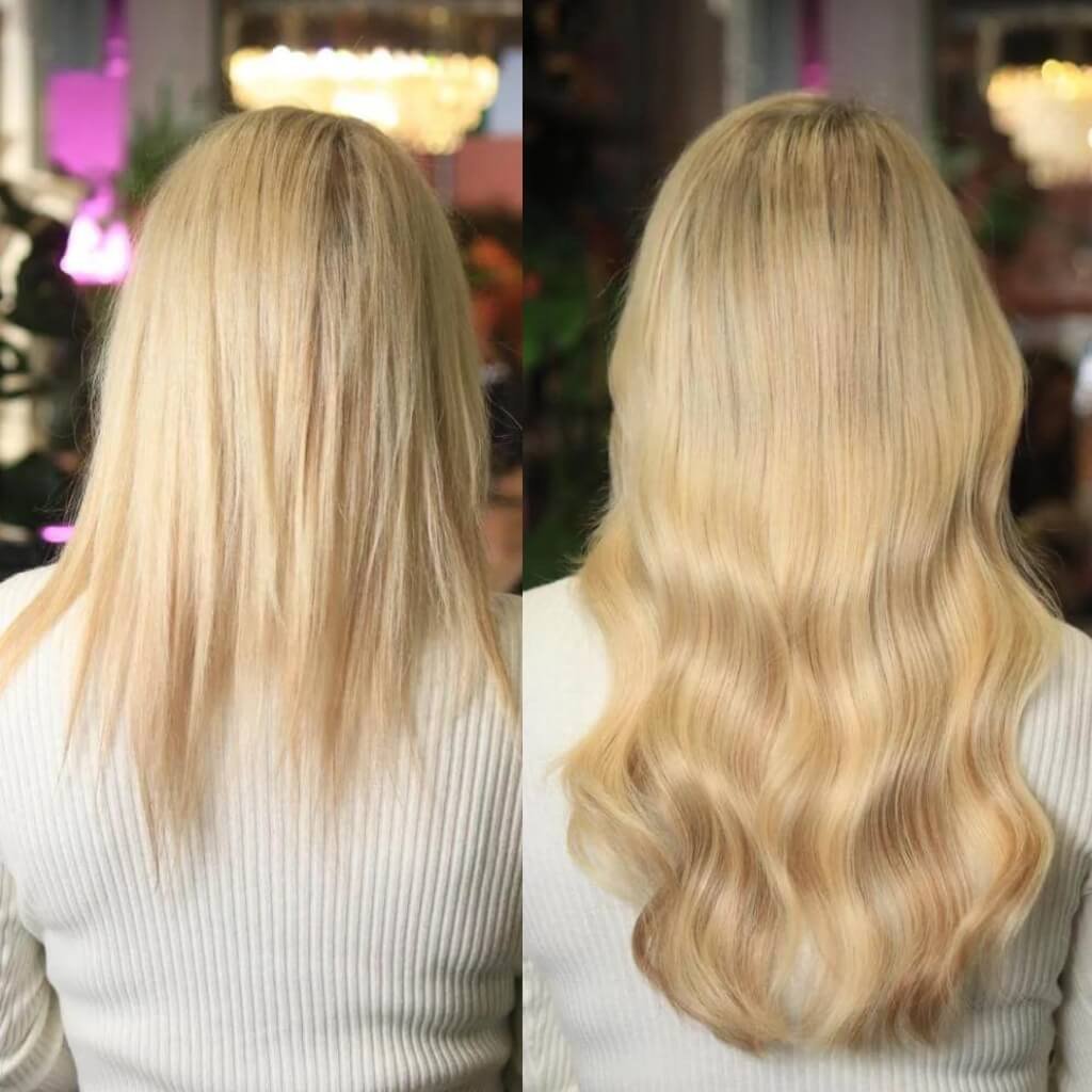 pure diamond wavy hair extensions before and after