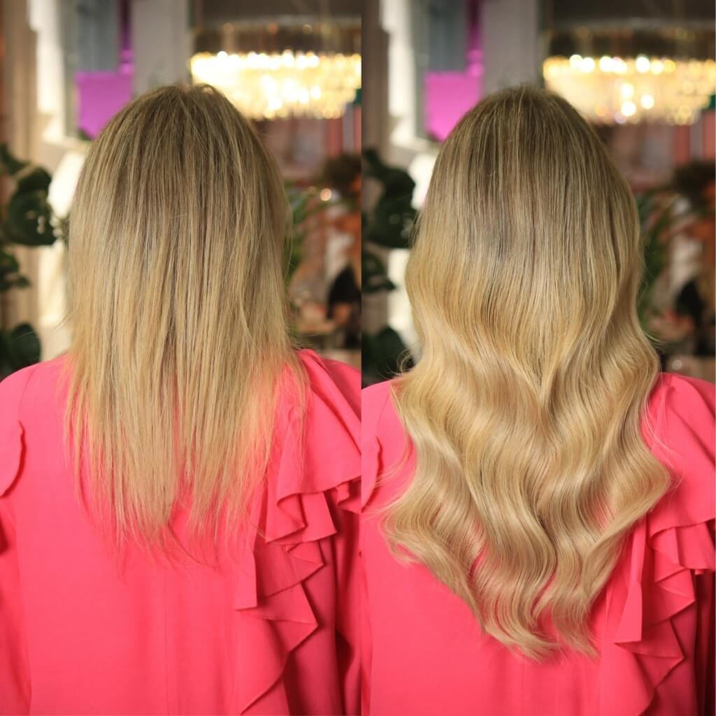 blonde wavy hair extensions before and after