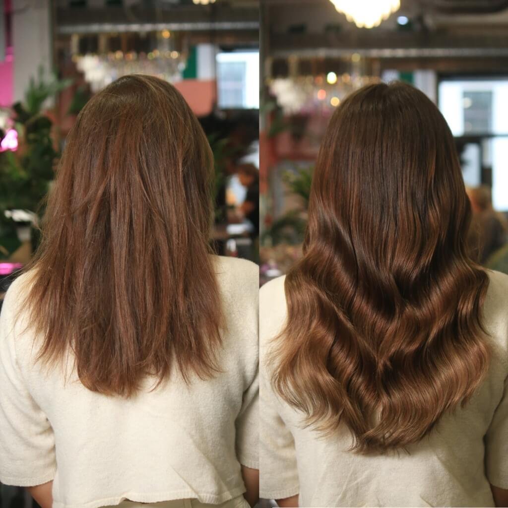 brown wavy hair extensions before and after