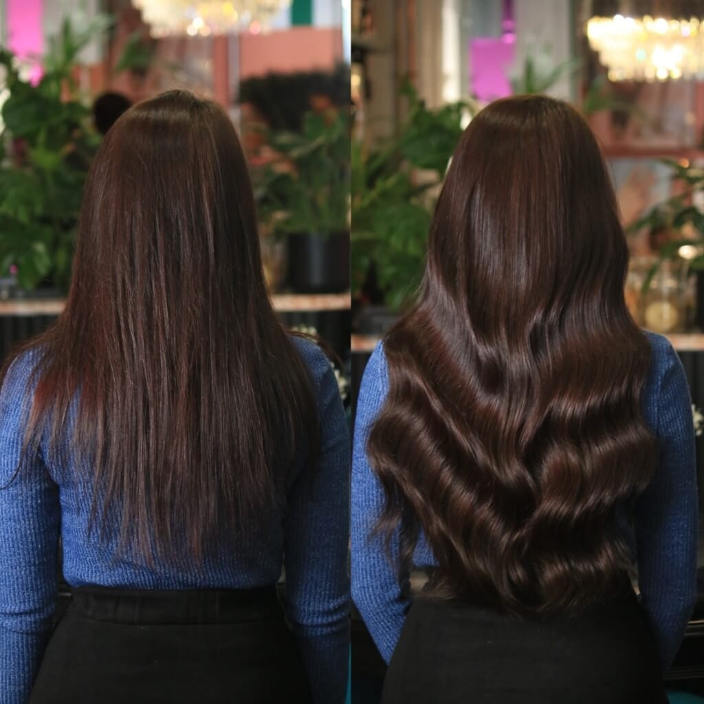 wavy dark hair extensions before and after