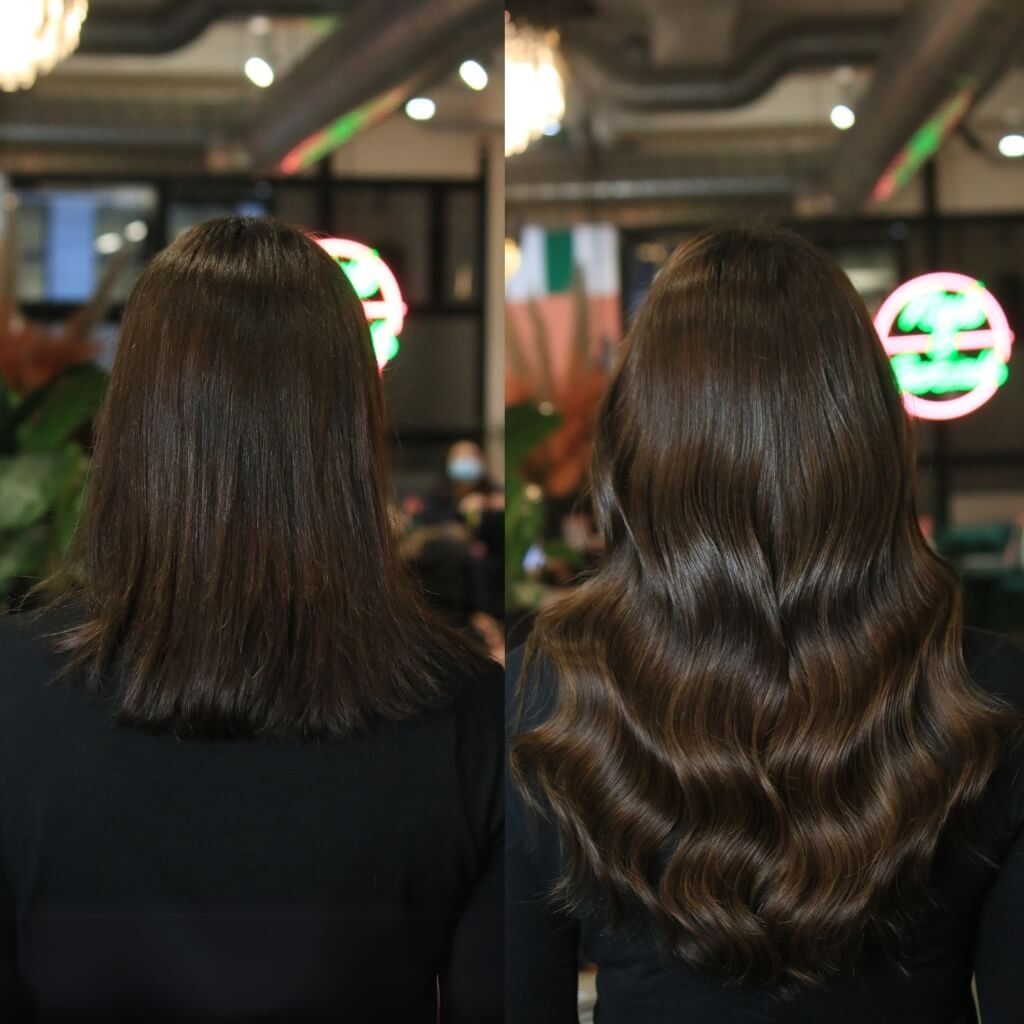 medium to long dark wavy hair extensions before and after