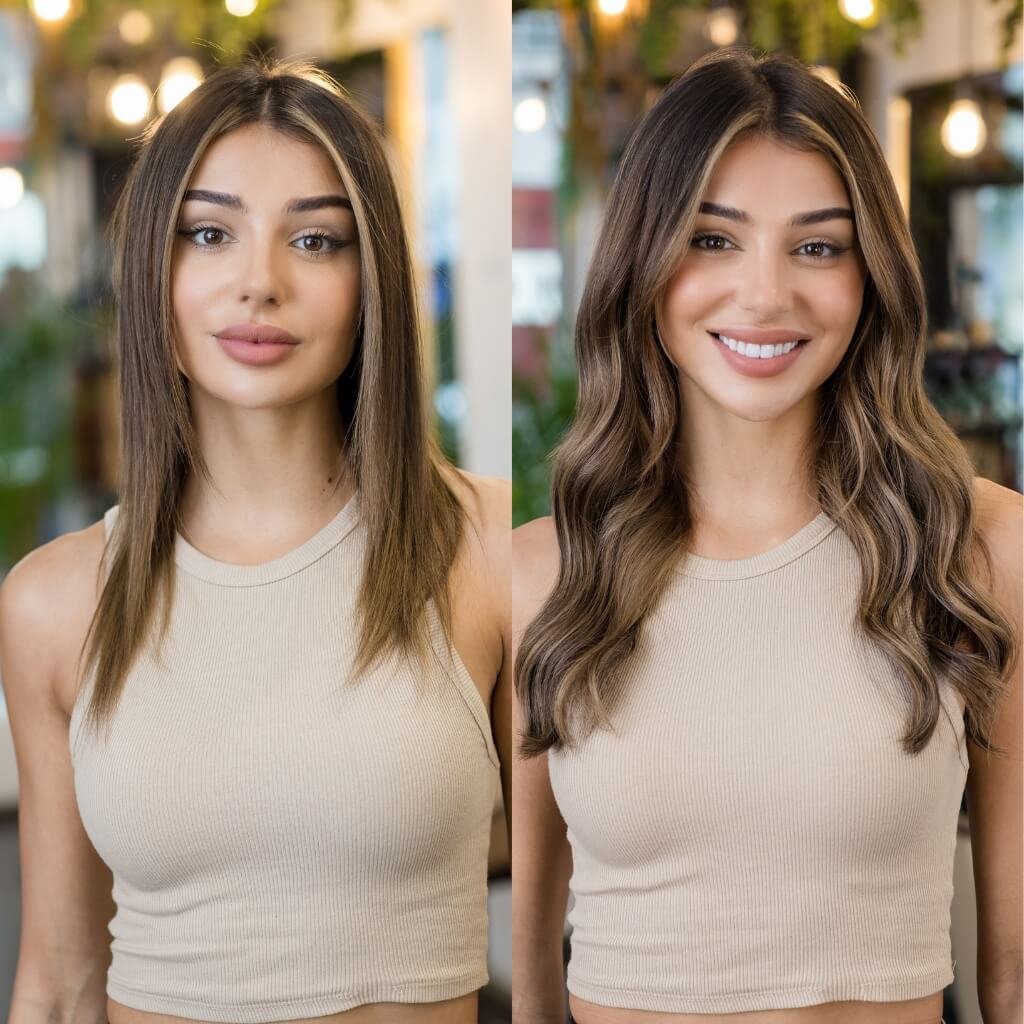 brown hair extensions before and after