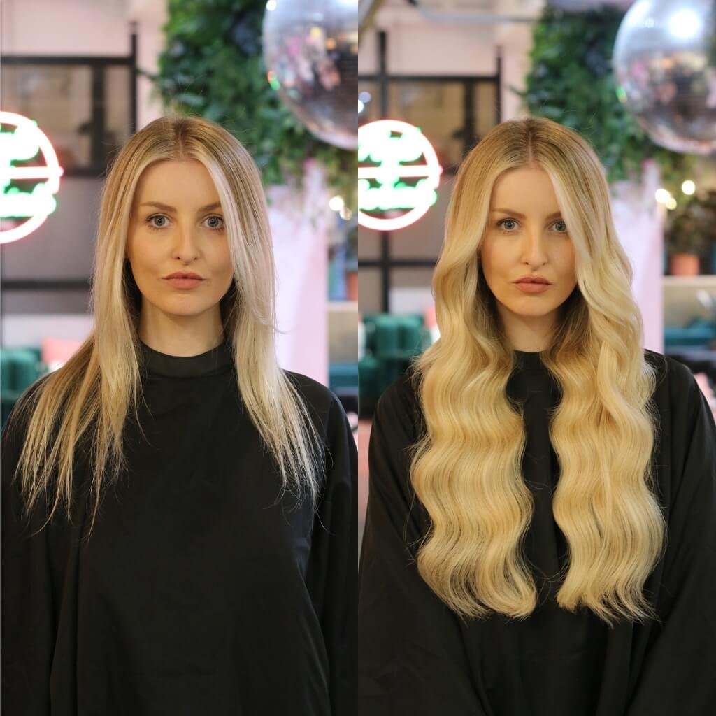 Long blonde hair extension transformation