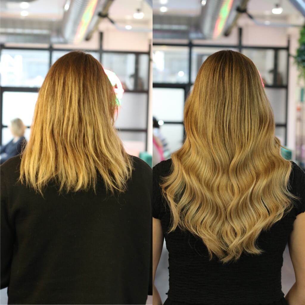 Short to long blonde hair extensions and colour transformation